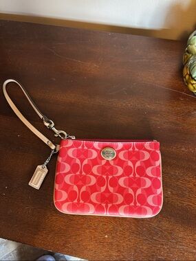 Coach Red Signature Canvas Wristlet with Tan Strap